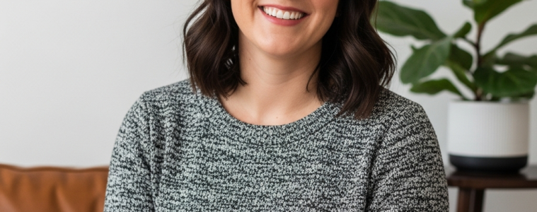 Colleen Langdon, a designer in a warm, edited living room that reflects her calm, livable design approach.