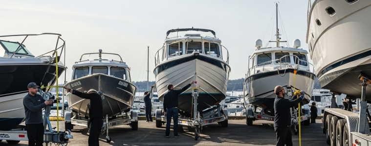 Boat on trailer measured for 2025 width rules beside outdoor planters for interior design landscaping