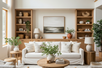 Calm, airy living room designed by Erica Reiner with natural textures and warm tones reflecting her sustainable designer approach