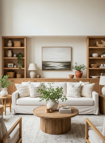 Calm, airy living room designed by Erica Reiner with natural textures and warm tones reflecting her sustainable designer approach