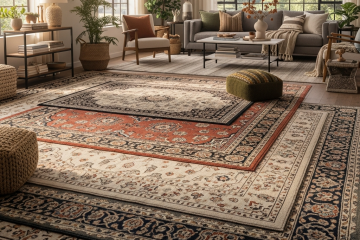 Living room with layered rugs and mixed patterns, illustrating layered rug techniques for interior design staging