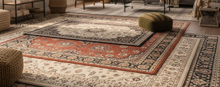 Living room with layered rugs and mixed patterns, illustrating layered rug techniques for interior design staging